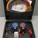 CALPOSE R1234yf AC Gauge, 3 Way AC Manifold Gauge Set for R1234yf Refrigerant, Refrigerant Gauges with 5FT HosesR410a Adapter, Puncturing Can Tap, Anti-Collision Dials Provide More Accurate Reading