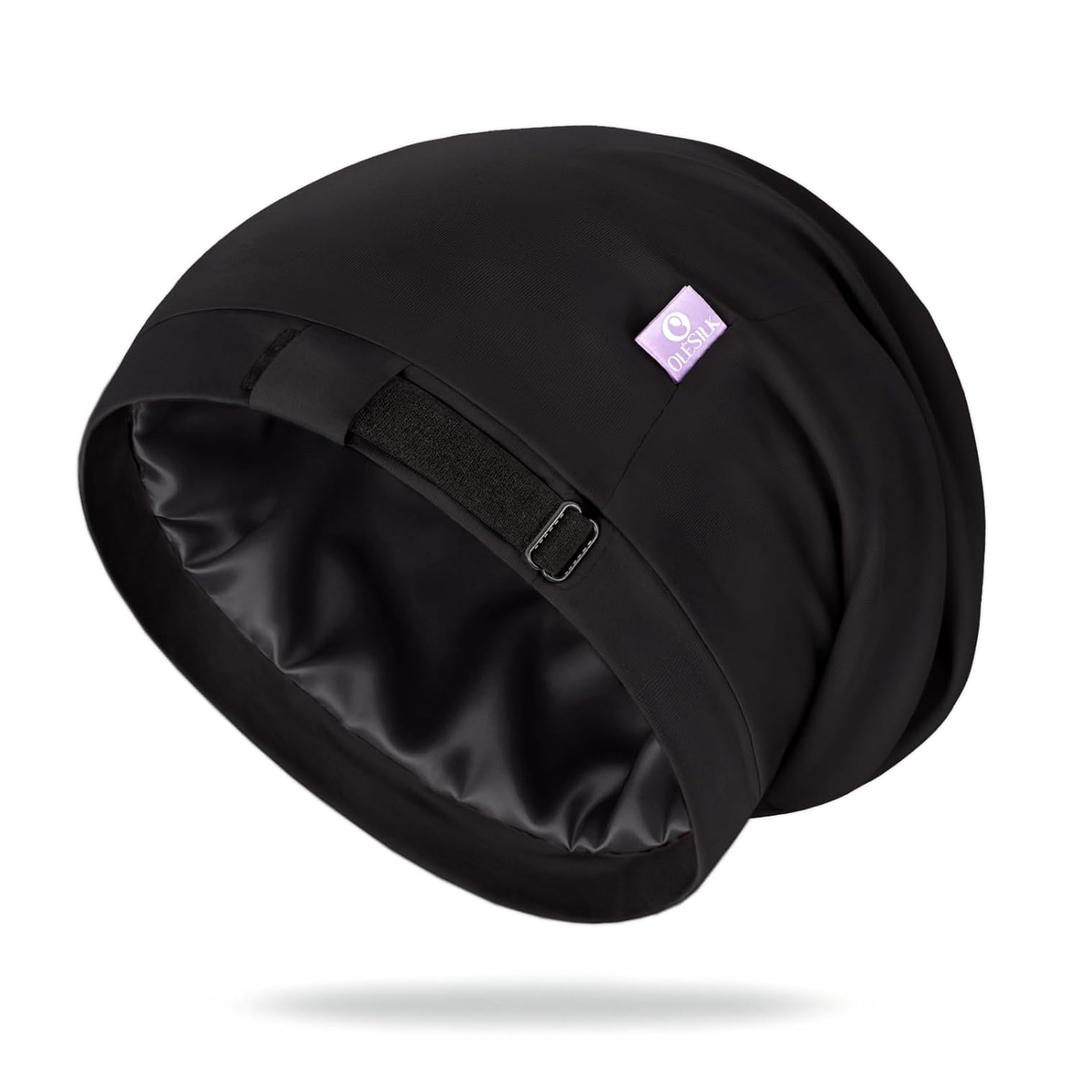 OLESILK Silk-Bonnet for Curly Hair, Silk Hair Bonnet for Sleeping, Unisex, Medium, Black