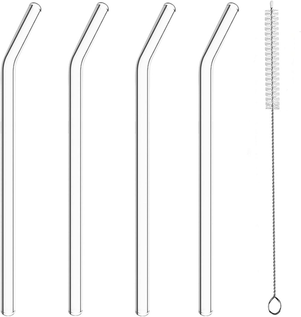 YOGURTCK 4pcs Reusable Clear Glass Drinking Straws, 7.88" x 8MM, Bent Glass Drinking Straws, with 1 Cleaning Brushes, Perfect for Smoothies, Milkshake, Frozen Drinks, Tea, Juice, Coffee