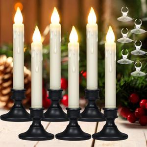 8.6Inches LED Window Candles Dusk to Dawn Light Sensor Timer, 6PCS Battery Operated Flameless Taper Candles with Drip Texture, Suction Cups and Removable Black Base, Christmas Home Decor