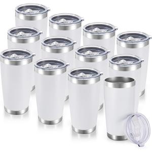 20 oz Tumblers Bulk Stainless Steel Tumbler with Lid Double Wall Vacuum Insulated Coffee Mug 20oz Powder Coated Cup for Hot and Cold Drinks, White, 12 pack