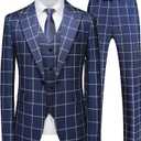 MOGU Mens 3 Piece Slim Fit Plaid Suit Blazer Jacket+Vest+Pants (40, Navy Blue)