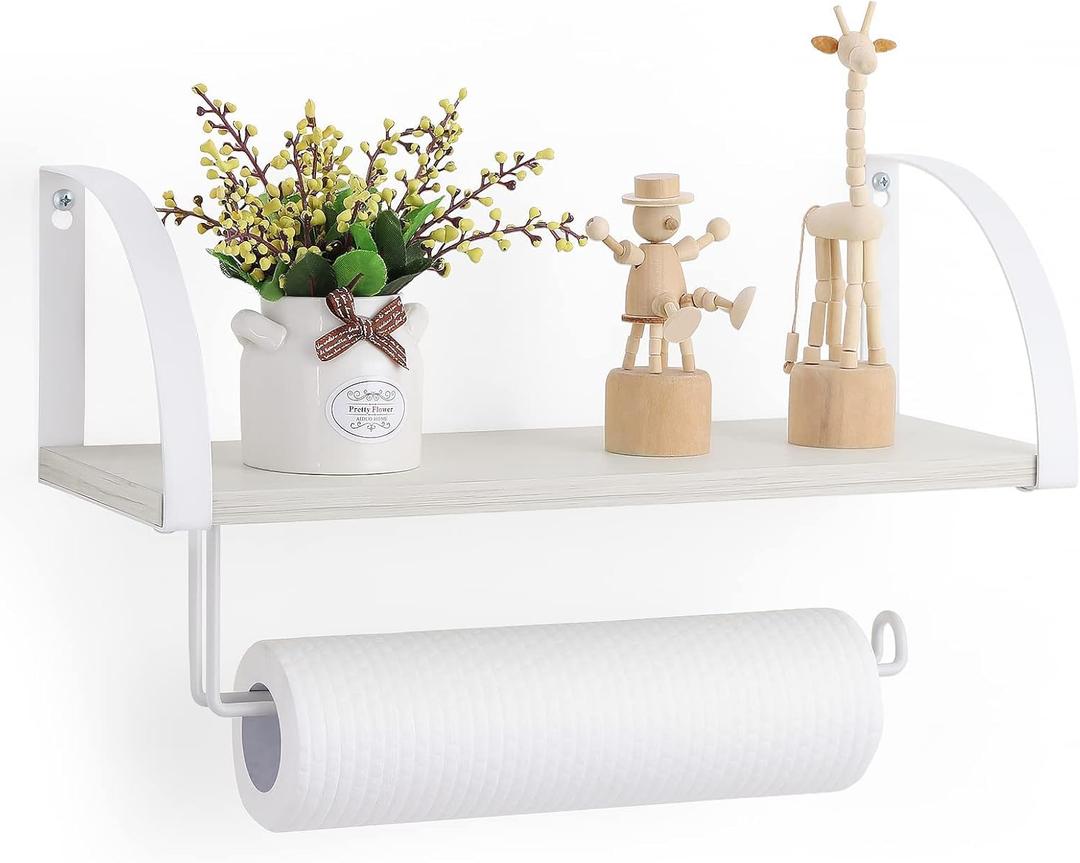 Farmhouse Wood Paper Towel Holder Under Cabinet Wall Mount Paper Towel Holder with Storage Shelf for Kitchen, Bathroom, Cabinets Shelf Storage Organizer (White)