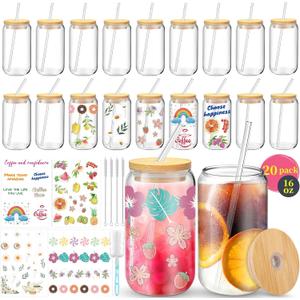 16 oz 20-Pack Glass Cups with Lids and Straws + DIY Stickers, Reusable Tumblers Beer Can Drinking Glasses with Bamboo Lids and Straws, Cute Glass Coffee Cups with Lids for Iced & Hot Drinks