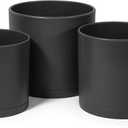 D'vine Dev 6 Inch 6.5 Inch 8 Inch, Set of 3 Plastic Planter Pots for Plants with Drainage Hole and Seamless Saucers, Black Color, Medium, 74-V-B-3