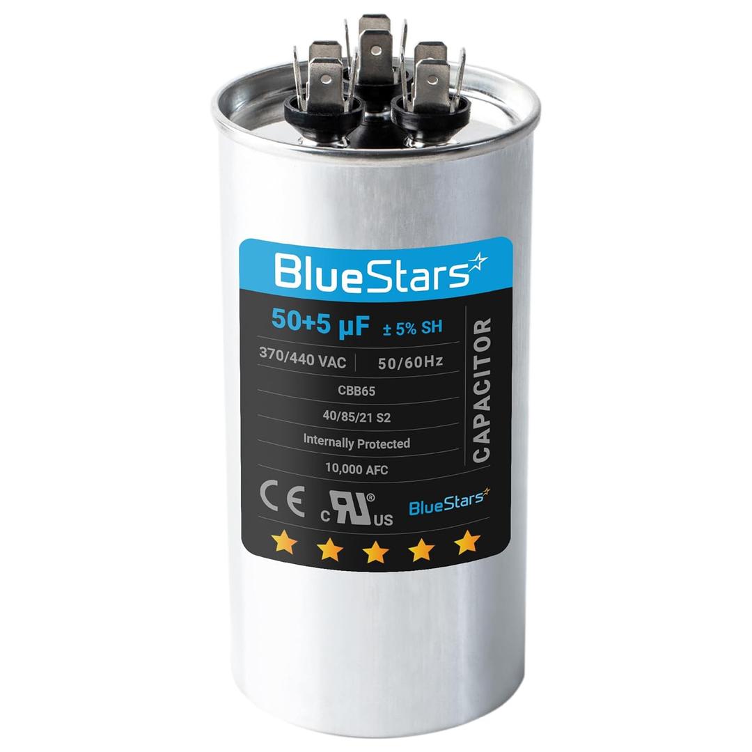 50+5 MFD uf 370 or 440 Volt VAC Dual Run Circular Start Capacitor Replacement Part by Blue Stars - Exact Fit for Condenser Straight Cool or Heat Pump Air Conditioner - Replaces 97F9850 97F9970