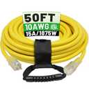POWGRN 50 Ft 10AWG Outdoor Extension Cord Waterproof Heavy Duty 10 Gauge 3 Prong, Flexible Cold-Resistant Long Power Cord Outside with Lighted Indicator End, 15Amp 1875W SJTW Yellow ETL Listed