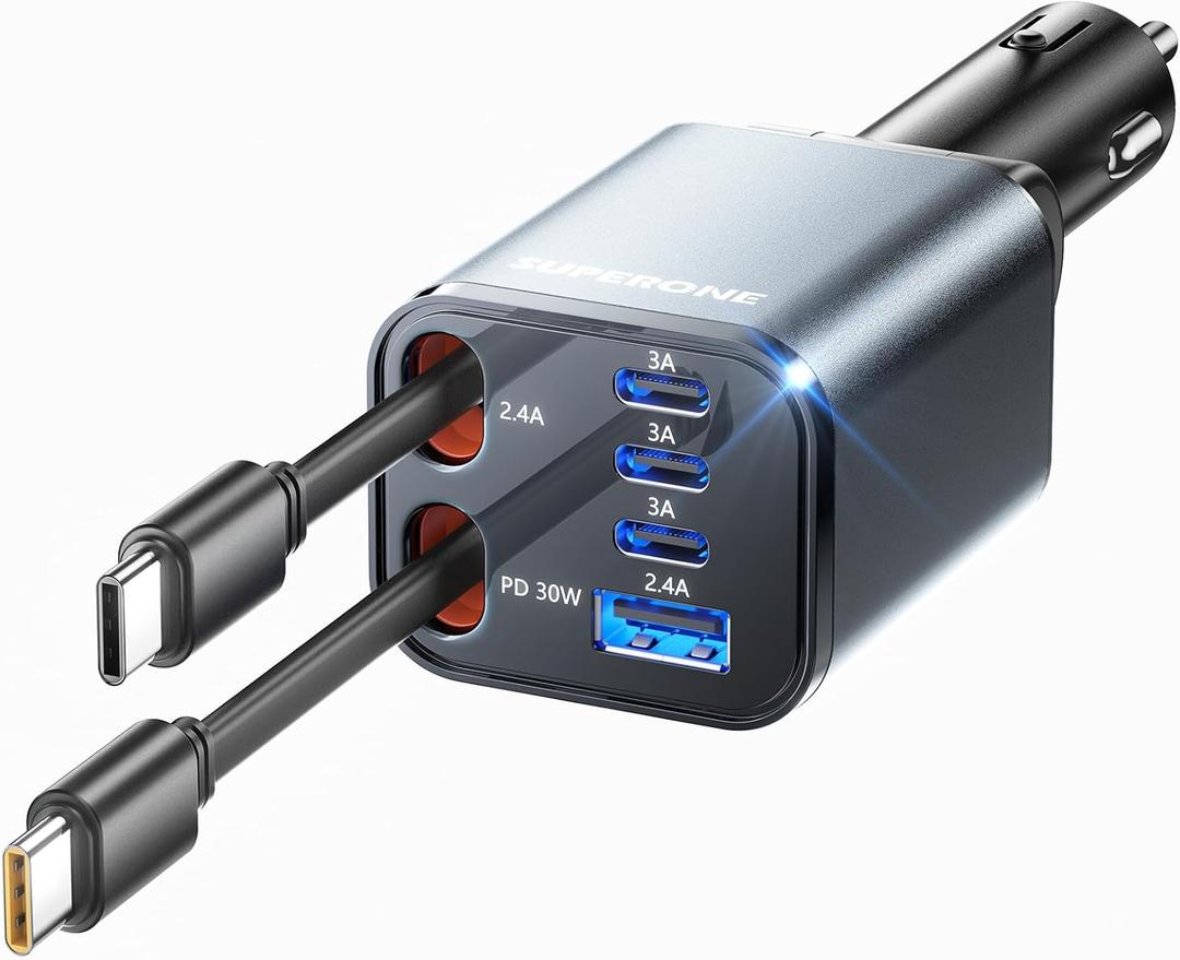 SUPERONE Retractable Car Charger, [Ultra-Compact] 6-Port Car Charger USB C, iPhone Car Chargers Fast Charging with Dual USB C Cables, RV Power Adapter for iPhone 17/16/15/14/13/12 Series