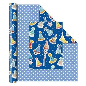 WERNNSAI Happy Birthday Wrapping Paper Roll - 1 Roll 17”x 33 ft Boy Birthday Hat Wrapping Paper Baby Blue Gift Packing Supply Baby Shower Party Wrap Decor Favor, Reversible