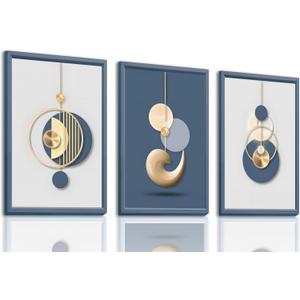 3Pcs Modern Abstract Canvas Wall art Blue White Luxury Gold Graphic Wall Decor Pictures Minimalist Medieval Geometric Poster Prints for Living Room Bedroom Office Home Decoration 16x24in Unframed