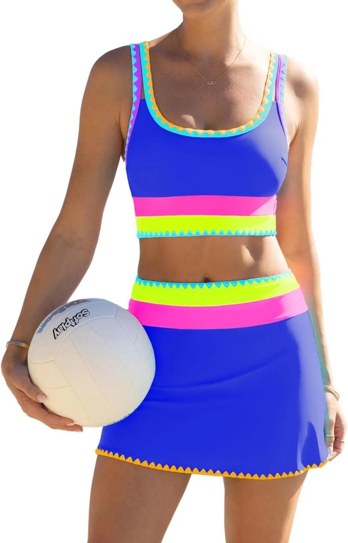 popvil High Waisted Bikini Sets for Women Tummy Control Swimsuits 3 Piece Bathing Suits Neon Swimwear with Skirt 2026 RoyalBlue M