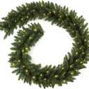 9FT Pre-Lit Artificial Christmas Garland with 50 White Light, Pulg in, Holiday Decorations Garland, Mantle for Indoor Holiday Door Home Decorations Stairs Fireplaces Wall