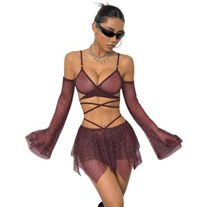 OYOANGLE Women's 2 Piece Mesh Sheer Criss Cross Crop Top and Asymmetrical Mini Skirt Party Rave Outfits Medium