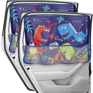 Car Window Shade for Baby, 2 Pack Car Sun Shades with Storage Net Pocket Auto Window Curtain 7 Suction Cups Blue Dinosaurs for Sun/Heat/UV Rays Protection Kids