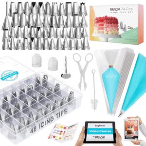 RFAQK 74 PCs Icing Piping Bags and Tips Set, Cake Decorating Kit with 48-Numbered Piping Tips, Anti Burst Pastry Bags for Cookie Cupcake Cake Decoration, Cake Decorating Tips Set with Booklet & E-book