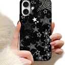 for iPhone 16 6.1'' Cute Cool Black Star Phone Case, Aesthetic Trendy Y2K Stars Silicone Matte Pattern Design Phone Cover Soft Slim Frame TPU Protective Shockproof Case for Women Girls