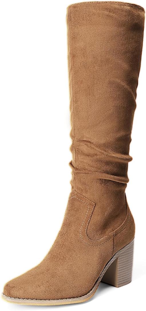 DREAM PAIRS Women's Knee-High Boots, Comfortable Chunky Block Heel Pointed Toe Pull On Side Zipper Suede Slouch Riding Boots (7.5, Camel)