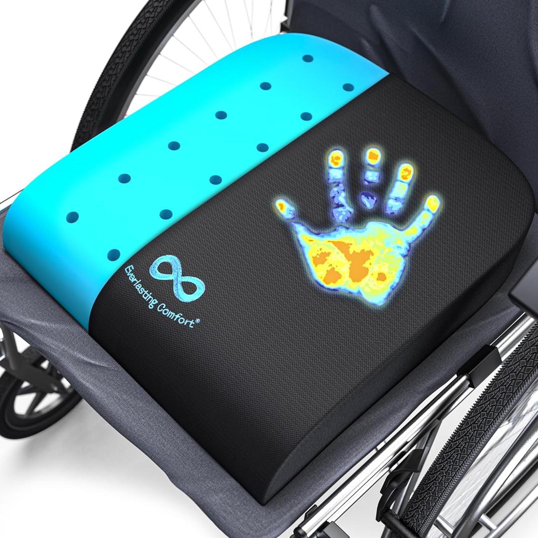 Everlasting Comfort Memory Foam Wheelchair Cushion - Gel Seat Cushion for Seniors and Adults - Pressure Relief and Tailbone Pain Support - Ventilated and Soft Cushion for Ultimate Comfort (Standard, A. Black Gel Infused)