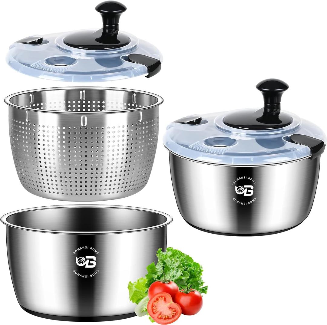 5.3 Qt Stainless Steel Salad Spinner, BOMANSI BOMS Vegetable Spinners, Lettuce Spinner, Fruit Washer, Large Salad Spinners, Dishwasher Safe, 304 Stainless Steel Bowl & Basket (Black)
