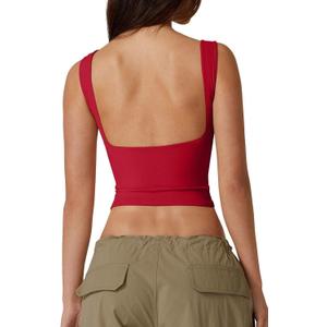 QINSEN Women's Sexy Open Back Sleeveless Crop Tank High Neck Slim Fit Cropped Tee Shirt Y2k Tops (Medium, Fairy Red)