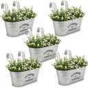 Briful 10'' Hanging Planter Outdoor 5PCS Metal Railing Planter for Herb Flower, Oval Galvanized Buckets with Detachable Hooks, Garden Fence Balcony Windowsill Hanging Pot, Silver