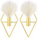 Peryiter 2 Pcs Boho Wall Decor Metal Gold Wall Art Hanging Planters with Artificial Pampas Modern Home Decor Display Art for Living Room Bedroom Bathroom(Rhombus)