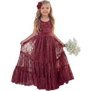 LalaMira Flower Girl Dress Lace Boho Toddler Dresses Ruffle Girl Dress for Wedding Garden Party Holiday Communion Sleeveless (2T, Burgundy)
