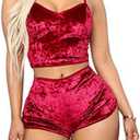 Angsuttc Women's Velvet 2 Piece Outfit Spaghetti Strap Crop Top Shorts Pajamas Set Sleepwear Nightwear, XXL