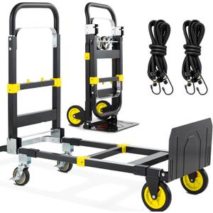 3-in-1 Folding Hand Trucks, 600Lbs Convertible Hand Truck Dolly, Heavy Duty Convertible Dolly with Retractable Handle and 4 Rubber Wheels, Collapsible Cart for Moving Office/Home/Warehous(Yellow)