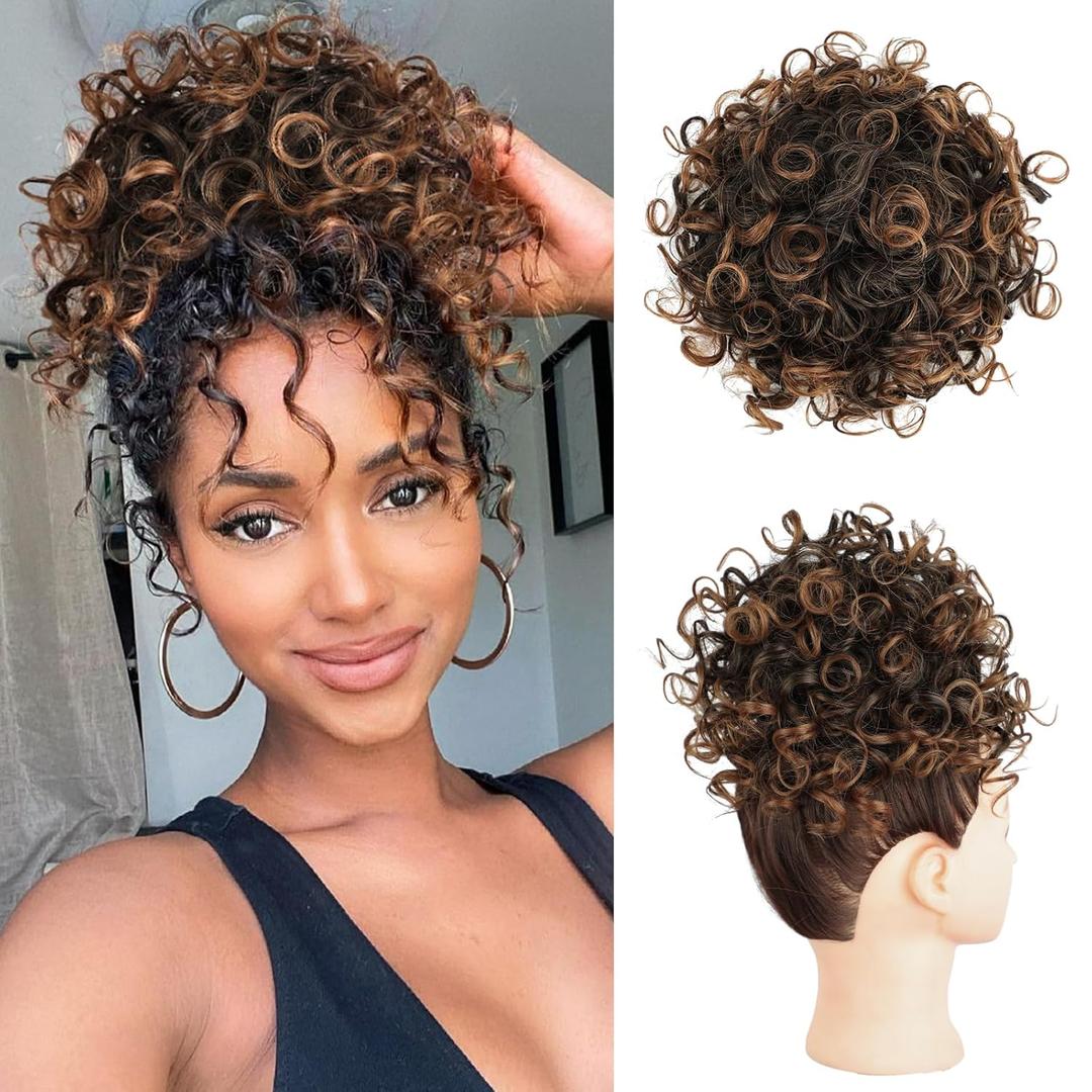 Lommel Messy Bun Hair Piece Short Curly Ponytail Extension Elastic Drawstring Loose Wave Curly Hair Buns Hair Piece Synthetic Hair Extensions Hair Bun for Women Daily Use(Black to Auburn Brown)