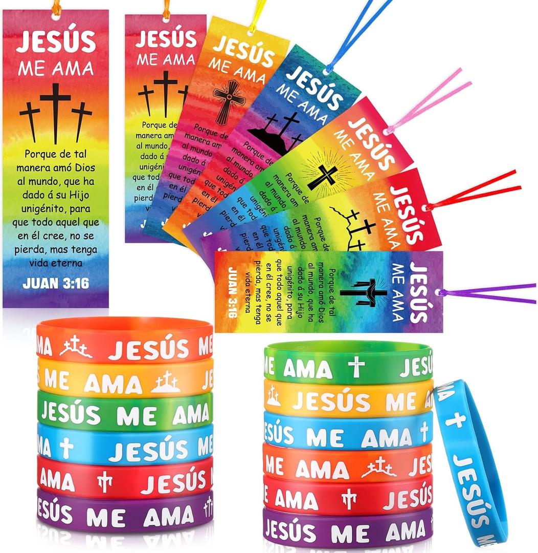 60 Pcs Spanish Jesus Loves Me Wristbands John 3: 16 Christian Bookmarks Gift Include 30 Jesus Me AMA Religious VBS Wristbands 30 Cross Bookmark for Kids Adult Church Sunday School