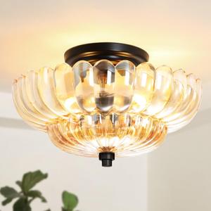 Semi Flush Mount Ceiling Light Fixture Vinatge Black Ceiling Lights Mid Century Modern Glass Close to Ceiling Lighting Fixtures for Bedroom Hallway Foyer Bathroom Kitchen Laundry Room Nursery (11.8 inch, Brown-3 Bulbs(black base))