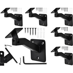 6 Pack Handrail Brackets for Indoor Stairs, Heavy Duty Hardware Support Stair Railing Bracket for Stairways, with Adjustable Square Stair Hand Rail Bracket for Staircase Outdoor, Stair Brackets Black