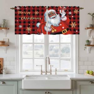 Red Plaid Santa Christmas Kitchen Curtain 2 Panels Tiers Curtains 24 Inch Length, Gifts Xmas Snowflake Winter Black Curtains Rod Pocket Window Treatment Drapes Window Cafe Curtain 