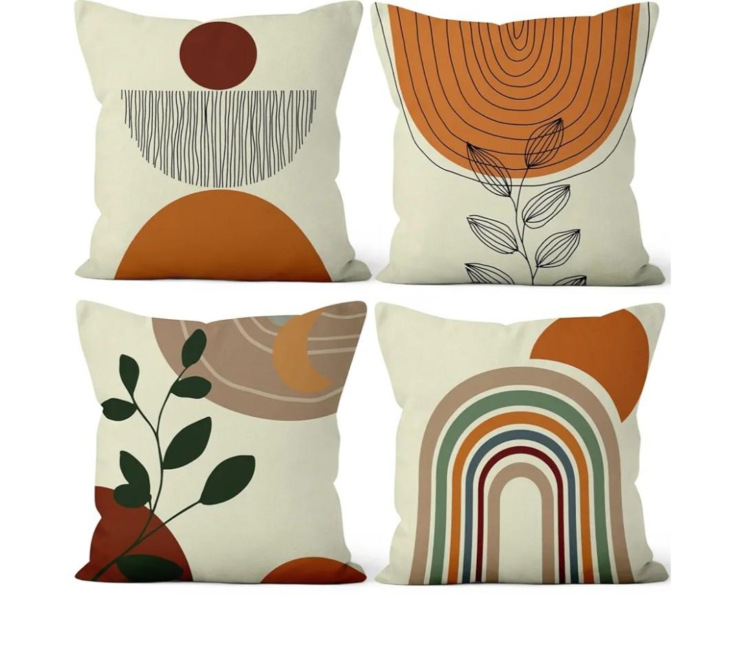 4 Pcs/Set Boho Abstract Pillow Covers Bohemian Sun Moon Rainbow Botanical Plants Geometric Strips Minimalist Linen Throw Cushion Cases for Couch Sofa Bedroom Decorative, 16"x16"