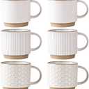 GBhome 12OZ Stackable Coffee Mugs Set of 6, Ceramic Coffee Mugs with Texture Patterns for Man,Woman,Dad,Mom, Modern Coffee Cups for Latte/Cappuccino/Cocoa. Dishwasher&Microwave Safe, Off White