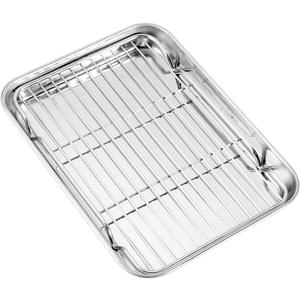 Baking Sheet with Wire Rack, Cookie Sheet Baking Pan Toaster Oven Tray with Cooling Rack, Stainless Steel Eighth Sheet Pan with Rack 9' x 7' x 1', Healthy & Non Stick & Dishwasher Safe