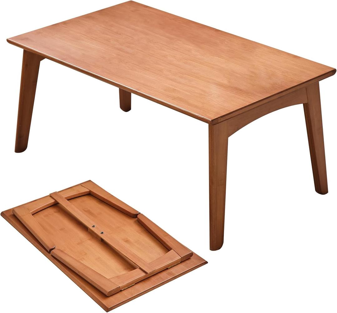 Japanese Floor Table No Assembly Required Bamboo Folding Coffee Table Bedroom Furniture Walnut Color Low Table for Sitting on The Floor (Walnut, Small)