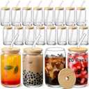 VITEVER [ 20pcs Set ] Glass Cups with Bamboo Lids and Glass Straw - Beer Shaped 16 oz Iced Coffee Drinking Glasses, Cute Tumbler Cup for Smoothie, Boba Tea, Whiskey, Water
