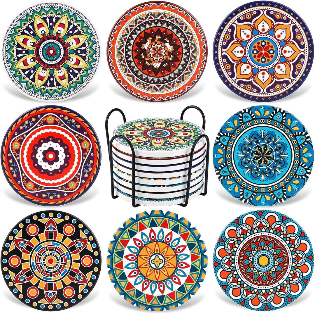 Coasters for Drinks,AODINI Set of 8 Absorbent Stone Coasters for Wooden Table, Mandala Ceramic with Cork Base, Gift for Housewarming Birthday and Family  Great Home and Dining Room Decor