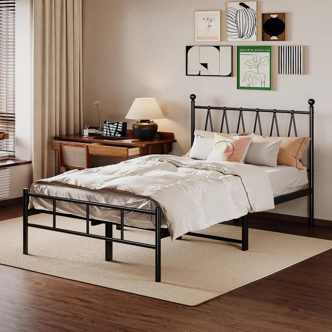 Homeiju Twin Size Bed Frame with Headboard, Heavy-Duty Platform with Metal Slats Support, No Box Spring Needed/Easy Assembly, Matte Black