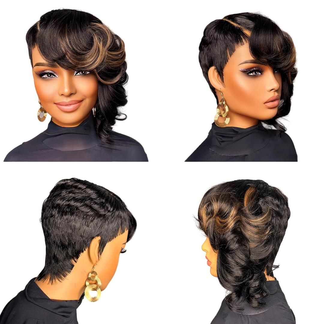 4x4 Pixie Cut Lace Frontal Human Hair Wig Short Layered Pixie Cut Wigs for Black Women With 4x4 Side Parting Lace Clusure Brazilian Virgin Human Hair Wig 1b/33 Daily Use Color (1b/33)