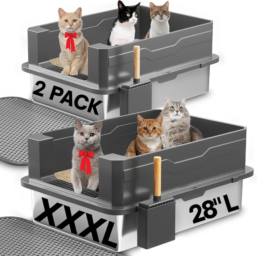 2-Pack XXXL Stainless Steel Cat Litter Box Extra Large 28" L x 20" W with High Sides & Lid, Non-Stick, No Odor, Leak-Proof Metal Boxes for Large & Multiple Cats, Easy to Clean