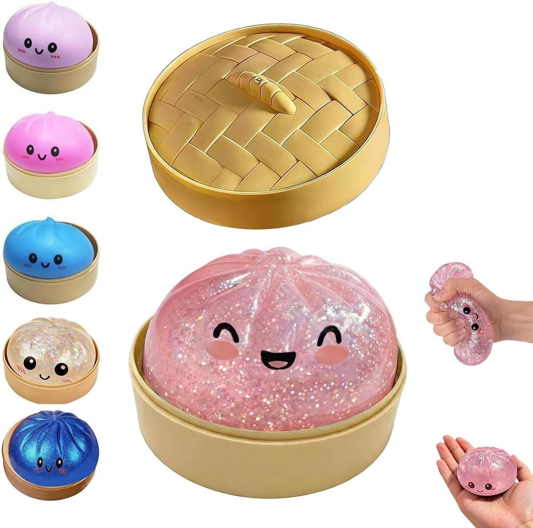 Dumpling Squishies Toy, Giant Glitter Dumpling, Colorful Dumplings Stress Balls Fidget Sensory Toy,Soft Squeeze Decompression Dough with Food Steamer, Stretchy Desk Toys (Glitter Pink)