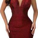 oten Women's Sexy Deep V Neck Sleeveless Ruched Bodycon Party Club Cocktail Mini Dresses (Medium, Sparkly-wine Red)