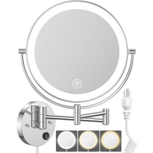 Benbilry 9" Large Wall Mounted Lighted Makeup Mirror, 1X/10X Magnifying 2-Sided AC Plug-in Powered Bathroom Mirror with 3 Color Lights, Touch Dimmable, Extended Arm 360 Rotation, Silver