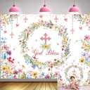 God Bless Backdrop 7x5FT Pink Cross Colorful Flowers First Holy Communion Party Decorations Ceremony Newborn Baby Shower Photography Background Decor Supplies