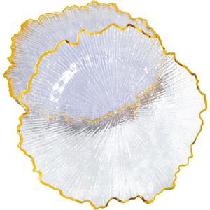 DaCakeWS Acrylic Gold Rim Reef Charger Plates 10PCS, 13inch Plastic Floral Charger Plates Wedding for Dinner (10, Reef Clear)
