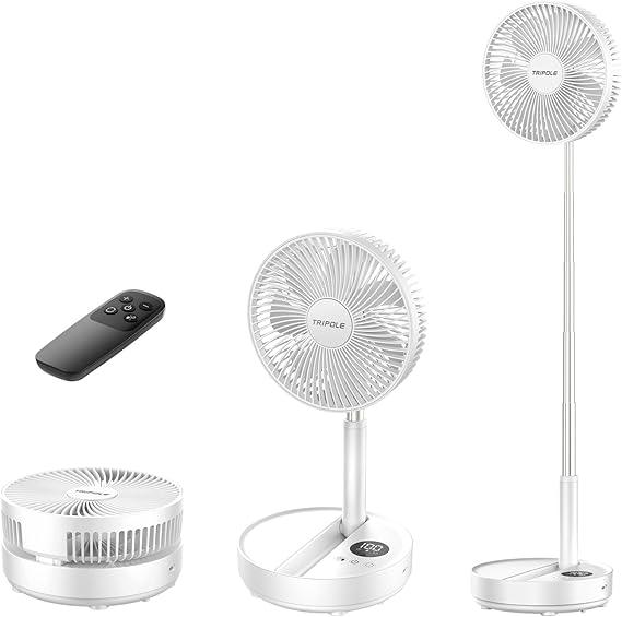 TriPole Portable Standing Fan, 8000mAh Rechargeable Oscillating Fan with Remote, 8.1'' Quiet Pedestal Floor Fan with LED Display & Timer, Foldable Small Desk Fans for Bedroom, Office, Camping, Travel