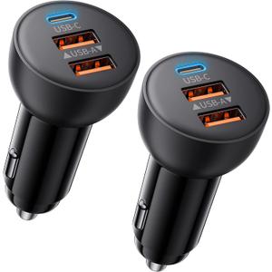 USB C Car Charger, 2 Pack 70W 3-Port PD/QC Fast Charging Cigarette Lighter USB Charger Car Phone Adapter Accessories for iPhone 17/Air/16/15/14/13/12 Pro Max, iPad, Pixel, Galaxy S25/S24/S23, Android